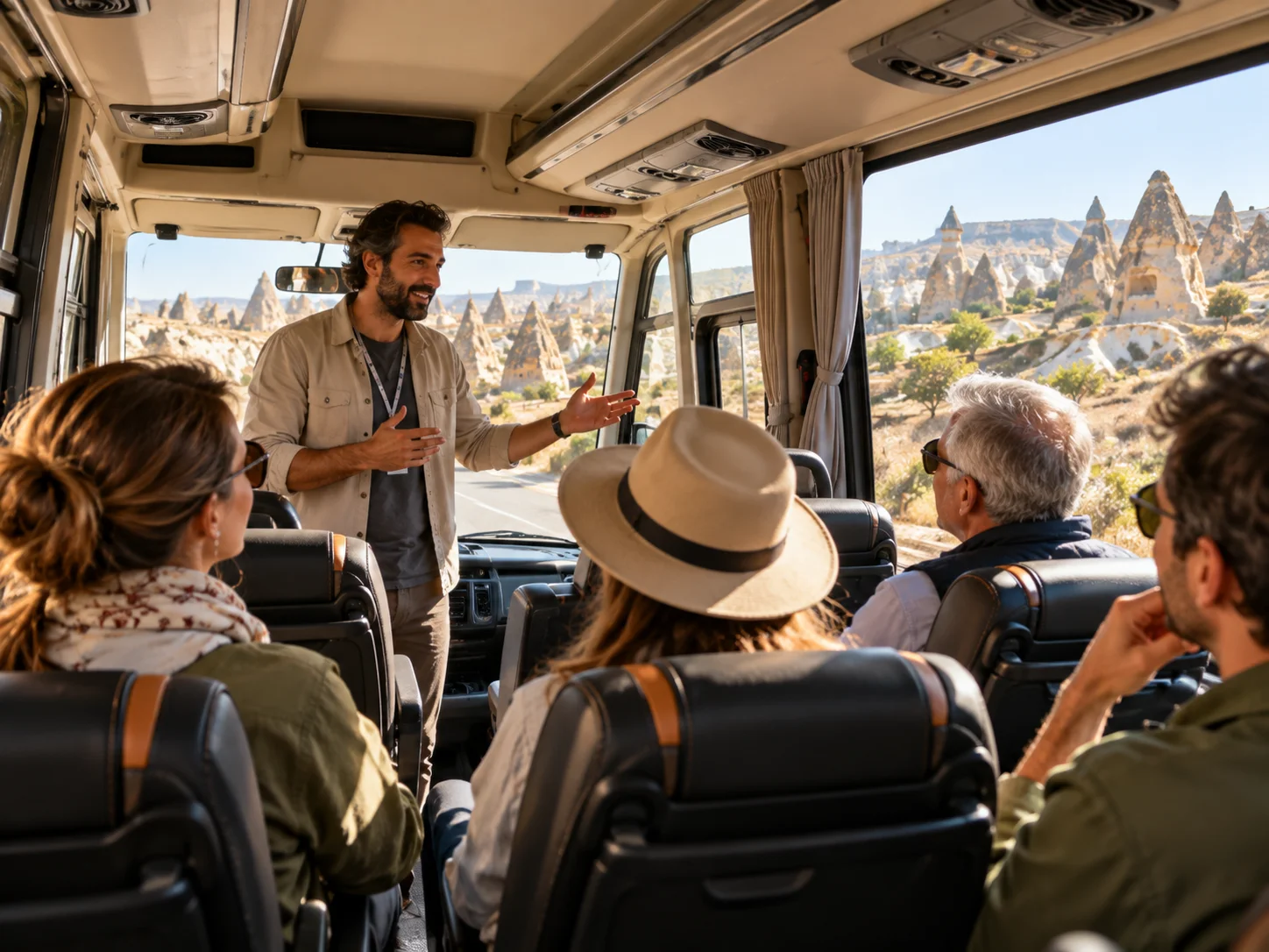 Guía turístico explicando las chimeneas de hadas mientras viajeros escuchan dentro de una minivan en Capadocia