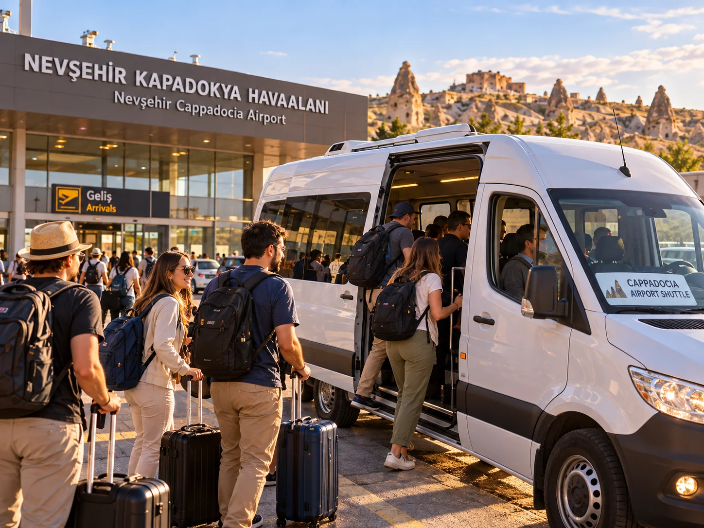 Viajeros con mochilas y maletas abordando una furgoneta de traslado en el aeropuerto de Nevsehir, Capadocia.