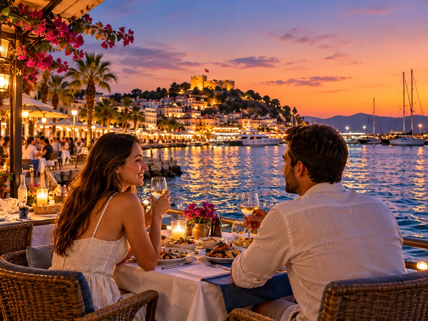 Pareja cenando con copa de vino frente al mar al atardecer y castillo iluminado en la colina.
