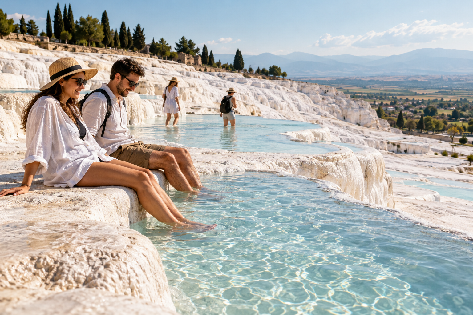 Pareja sentada con los pies en las piscinas termales de travertinos blancos en Pamukkale