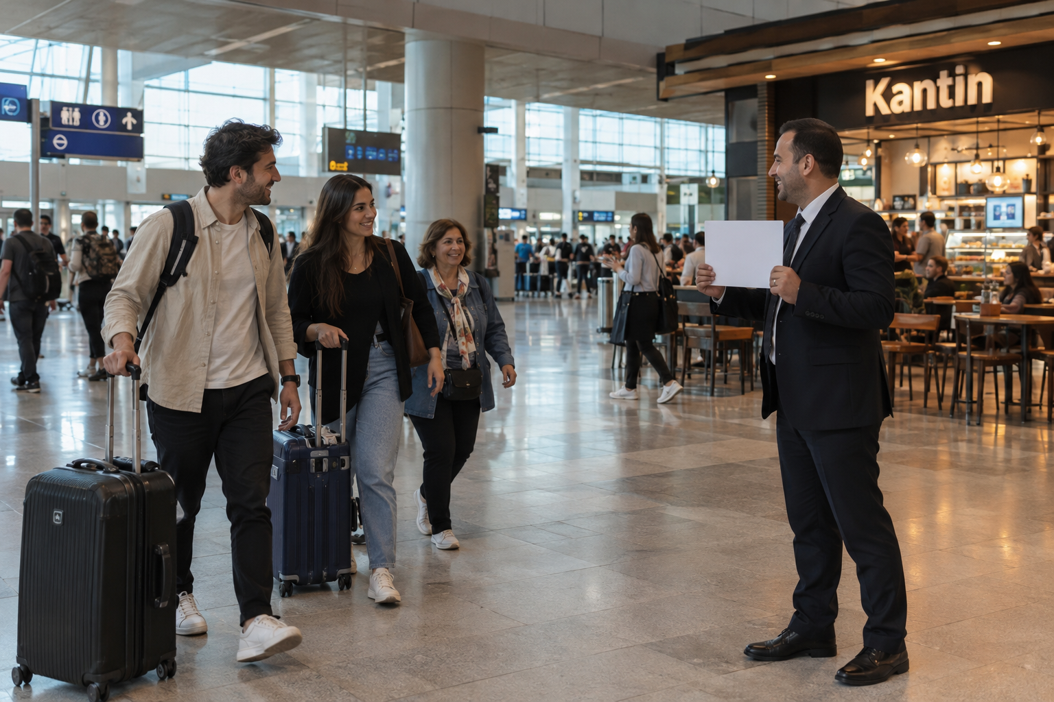 Grupo de viajeros con maletas acercándose a un recepcionista en la zona de llegadas del aeropuerto