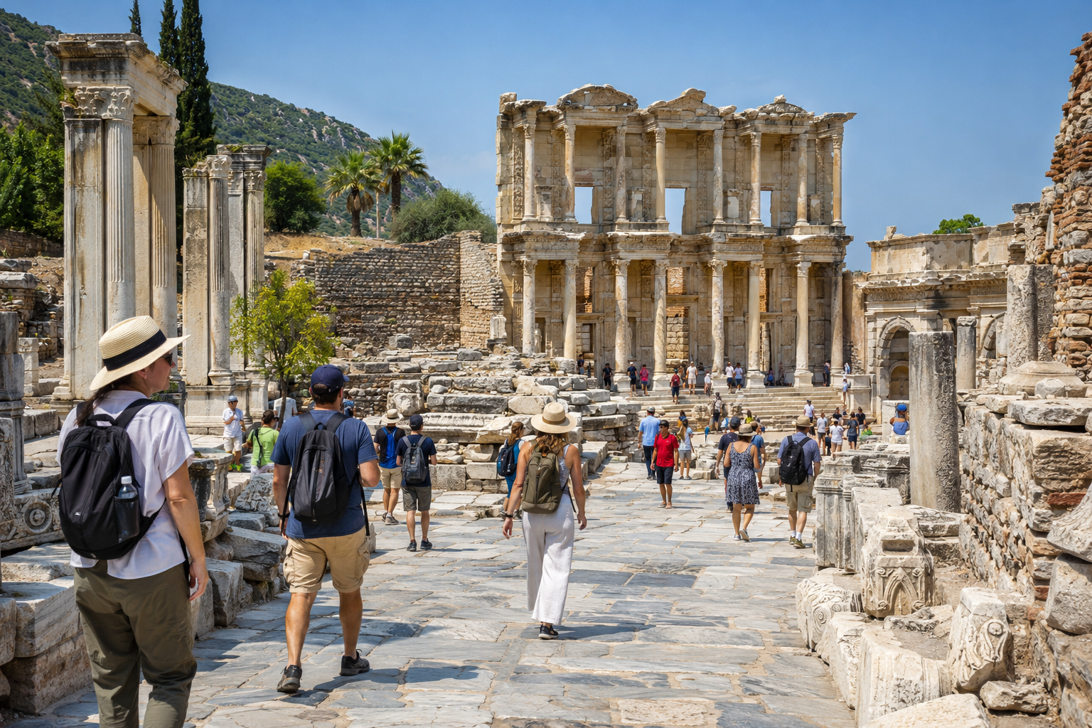 Visitantes caminando hacia la antigua Biblioteca de Celso en las ruinas de Éfeso bajo el sol intenso