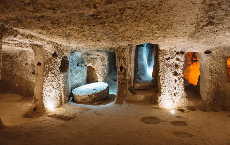 Interior iluminado de una antigua ciudad subterránea excavada en Capadocia