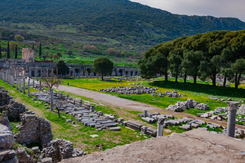 Restos arqueológicos del Ágora de Éfeso con columnas y montañas boscosas al fondo