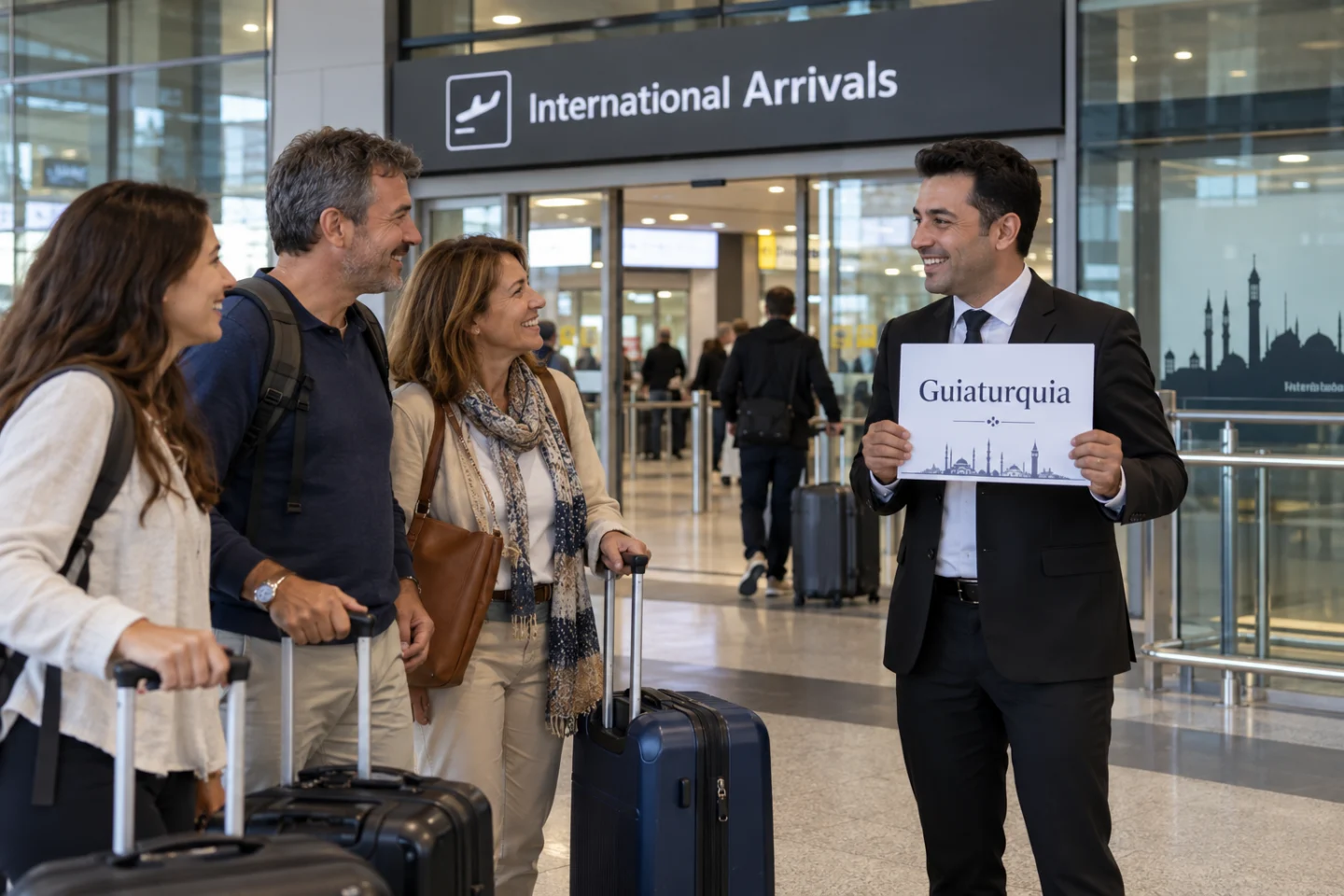 Grupo de turistas con maletas siendo recibidos por un guía en la zona de llegadas internacionales del Aeropuerto de Estambul.