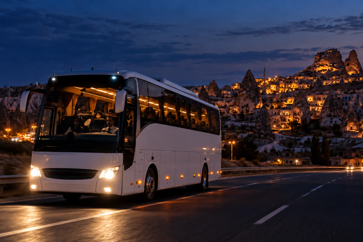 Autobús turístico iluminado circulando de noche cerca de las casas excavadas en la roca de Capadocia