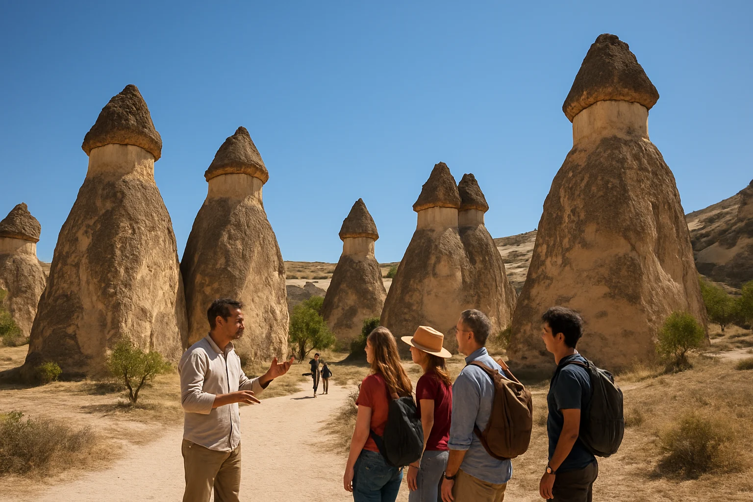 Formaciones rocosas únicas conocidas como chimeneas de hadas en Paşabağ con turistas y un guía en español.