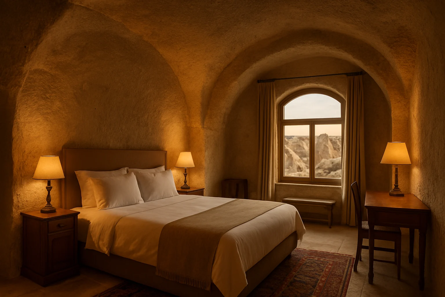 Habitación acogedora en un hotel boutique cueva con vistas al paisaje rocoso de Capadocia.