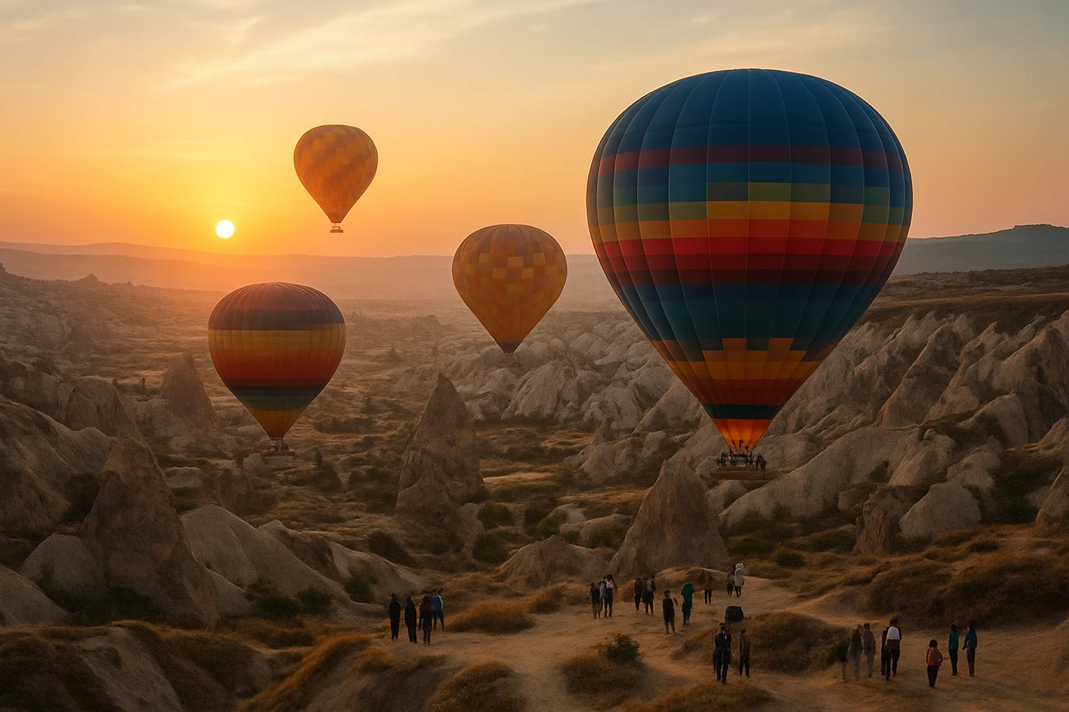 Globos aerostáticos coloridos sobrevolando el paisaje de Capadocia al amanecer, paseo opcional.