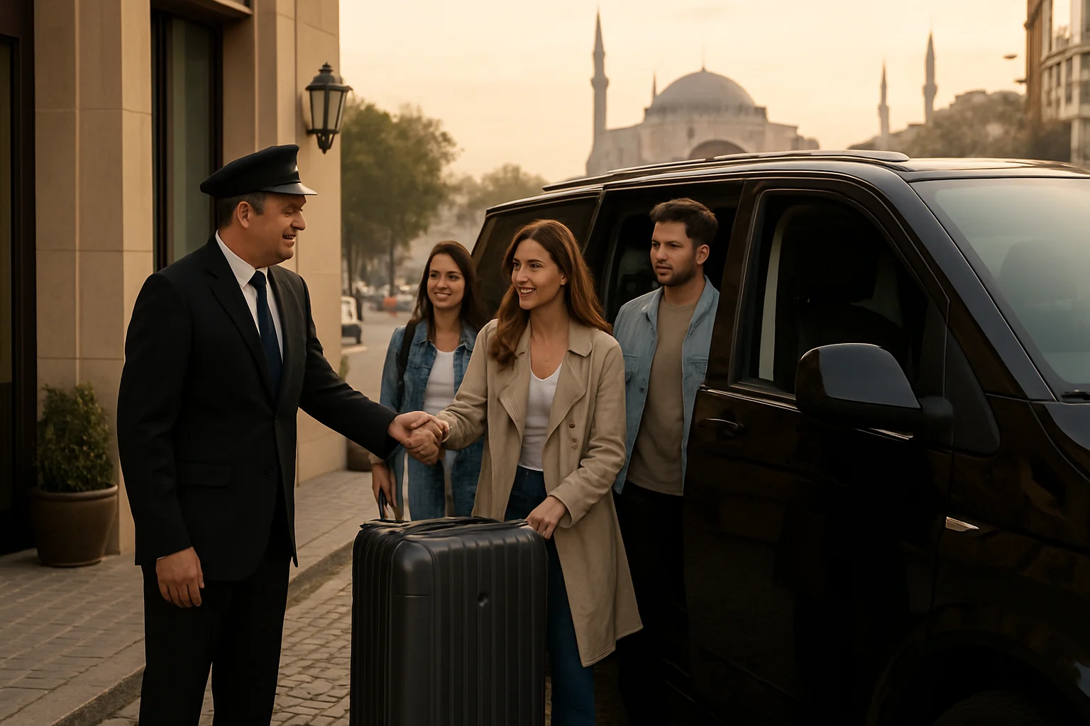 Recogida temprana en hotel de Estambul para traslado al aeropuerto con turistas y conductor.