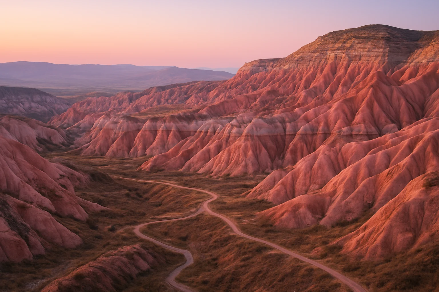 Paisaje al amanecer en el Valle de las Rosas con formaciones rocosas rosadas