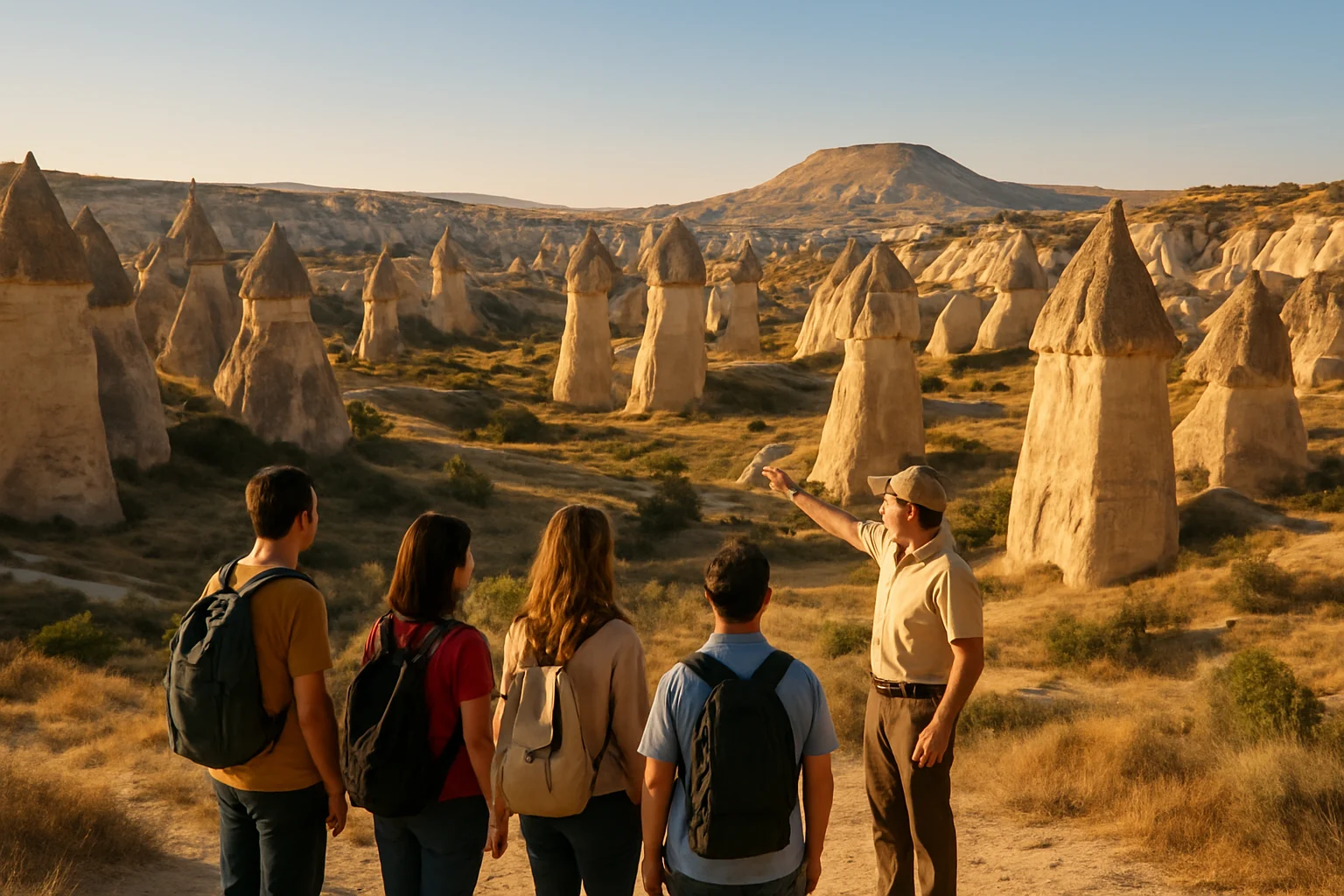 Paisaje de chimeneas de hadas en el Valle del Amor con turistas y guía en español.