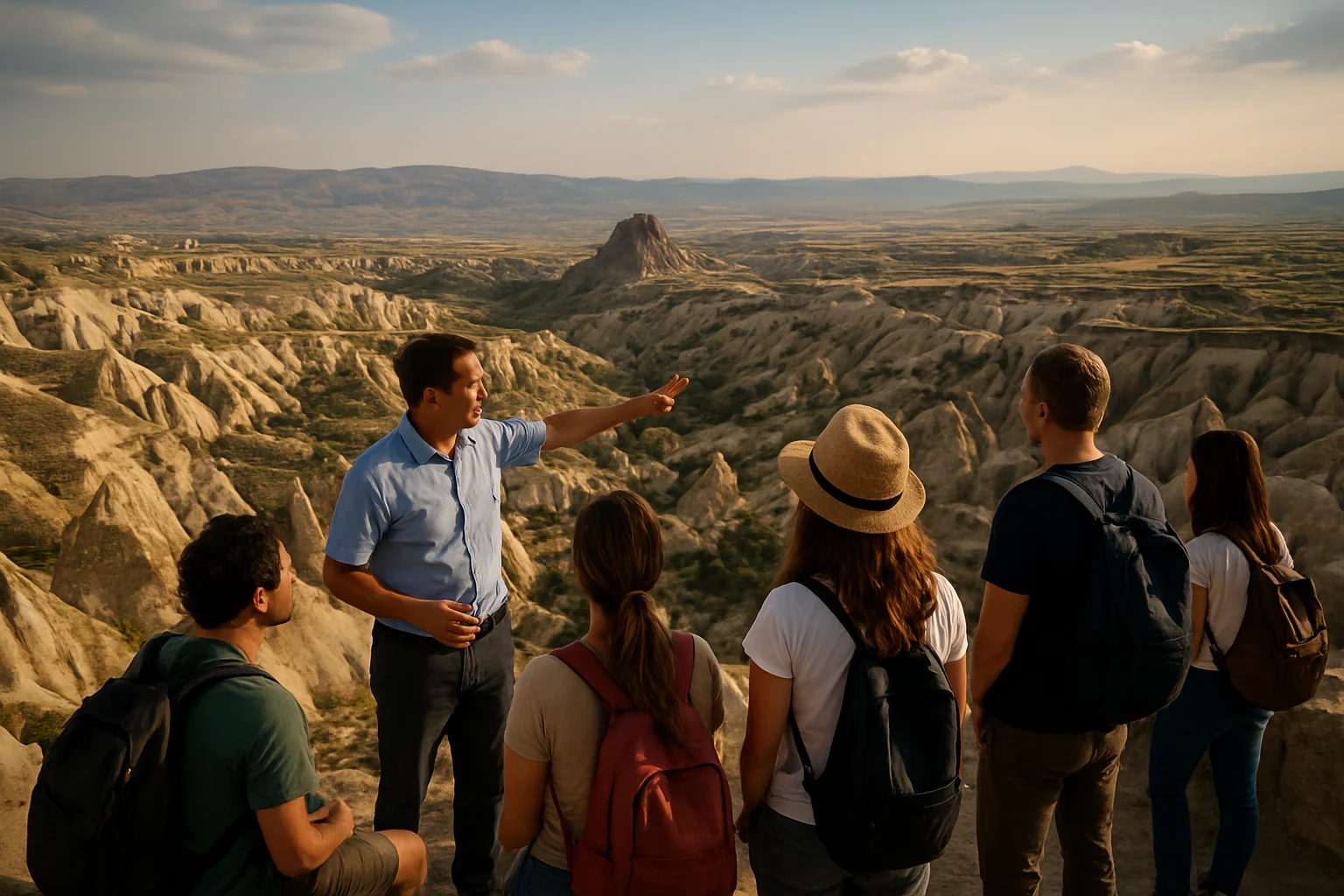 Vista panorámica de Capadocia desde Uçhisar con turistas y guía explicando en español.