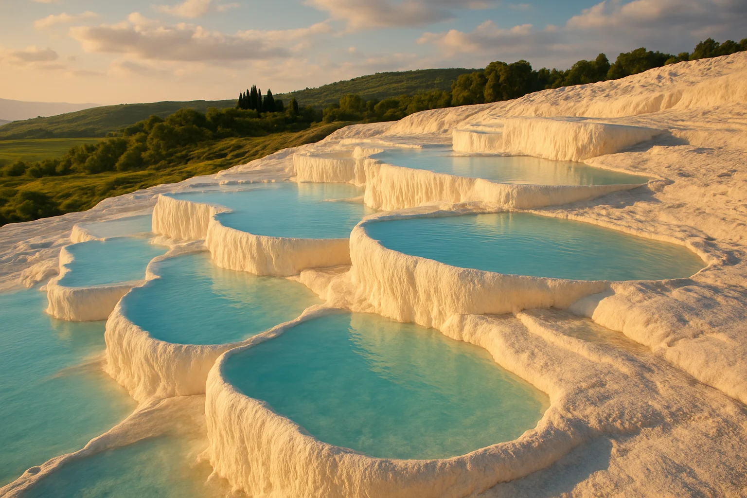 Terrazas blancas de travertino de Pamukkale con piscinas termales y colinas verdes al fondo.