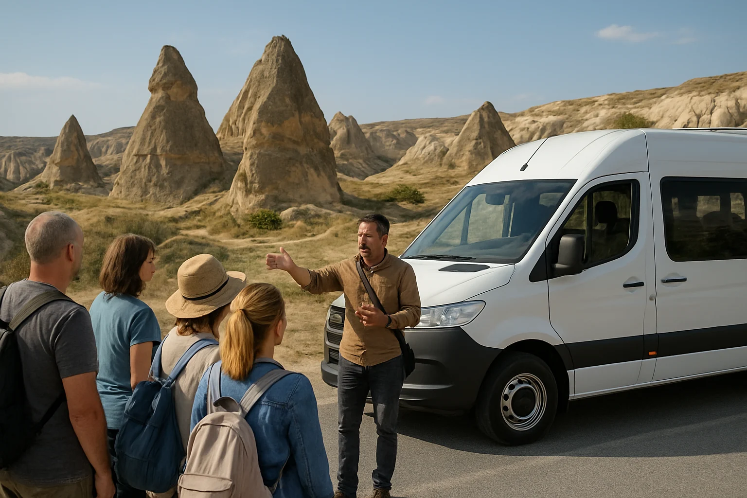 Guía turístico explicando el recorrido a un grupo de viajeros junto a un minibús de excursión en Capadocia.