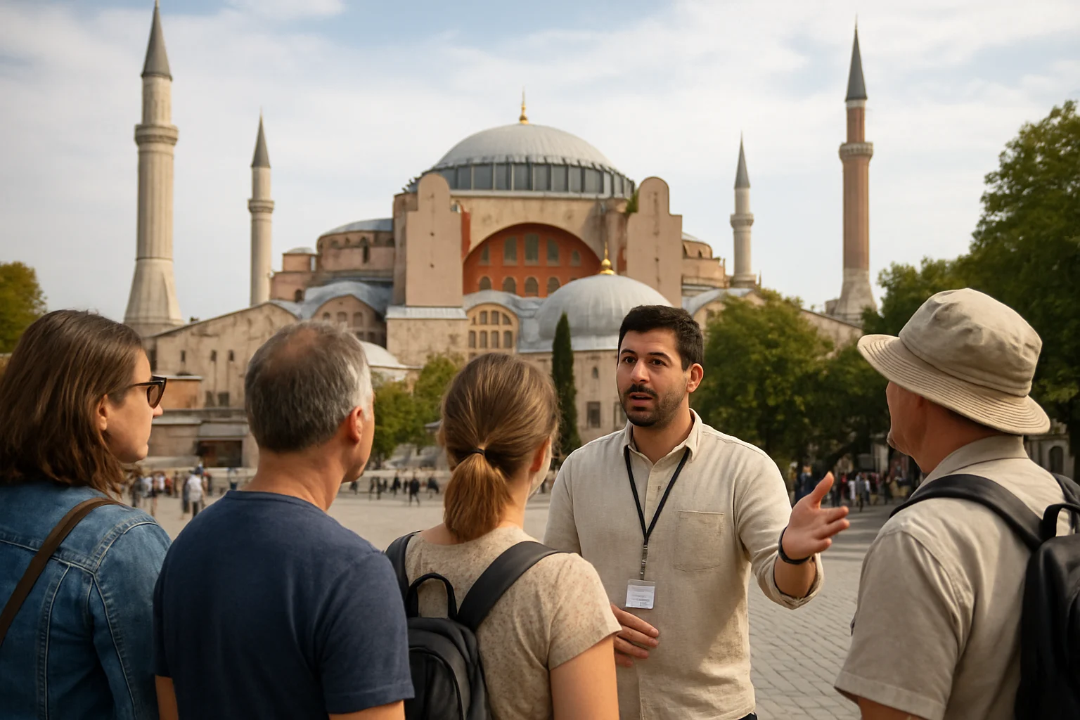 Un guía turístico explica la historia de Santa Sofía a un pequeño grupo de visitantes en Estambul.